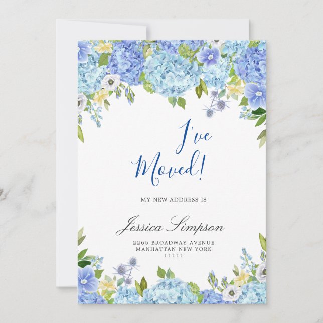 Blue Hydrangea Floral Moving Announcement Cards (Front)