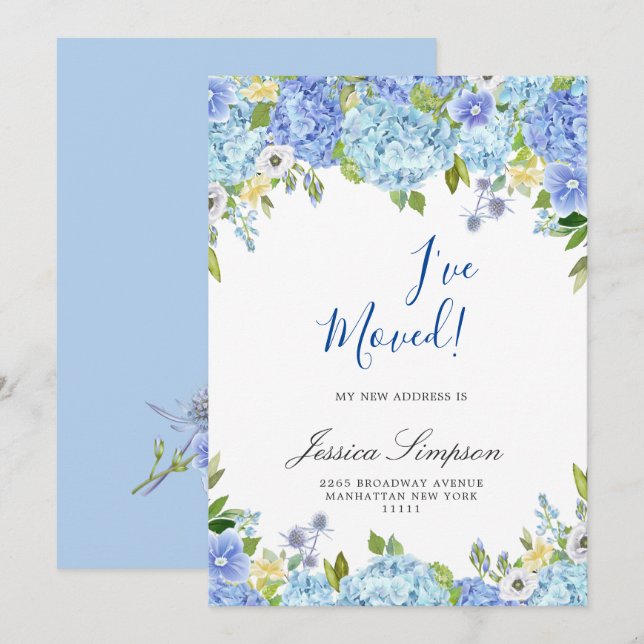 Blue Hydrangea Floral Moving Announcement Cards (Front/Back)