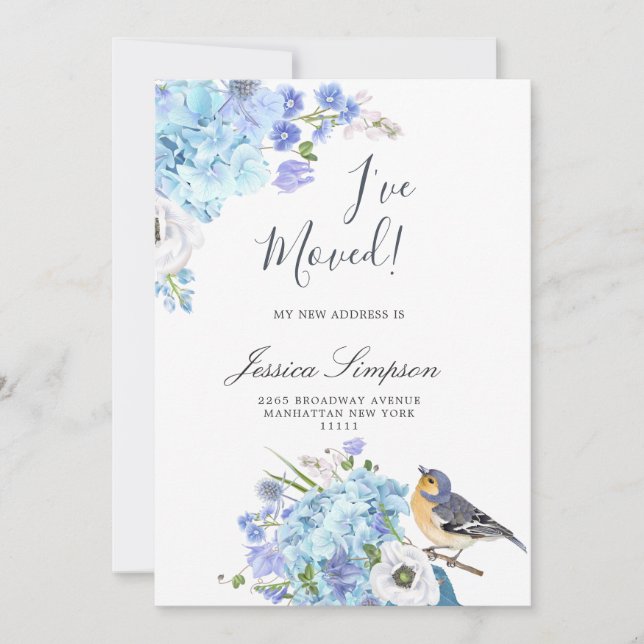 Blue Hydrangea Floral Moving Announcement Cards (Front)