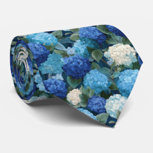 Blue Hydrangea Floral Pattern with Leaves Tie