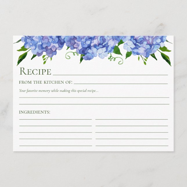 Blue Hydrangea Floral Recipe Enclosure Card (Front)