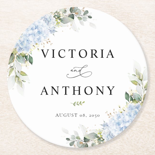 Blue Hydrangea Floral Round Wedding Coaster (Front)