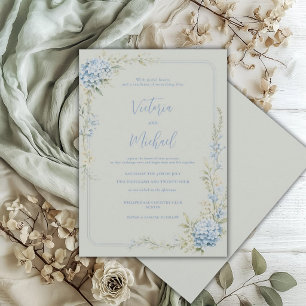 Blue Hydrangea Floral Sage Green Elegant Wedding Invitation