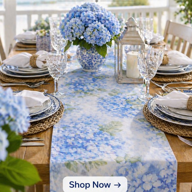 Blue Hydrangea Floral Table Runner (Elevate your table instantly with this coastal hydrangea runner perfect for elegant entertaining)