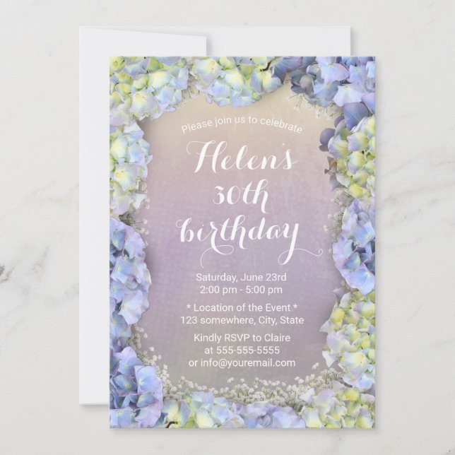 Blue Hydrangea Floral Watercolor Birthday Party Invitation (Front)