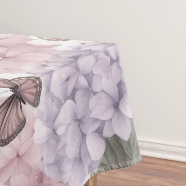 Blue Hydrangea Floral Watercolor Butterfly Tablecloth (In Situ)