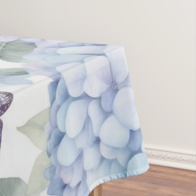 Blue Hydrangea Floral Watercolor Butterfly Tablecloth (In Situ)
