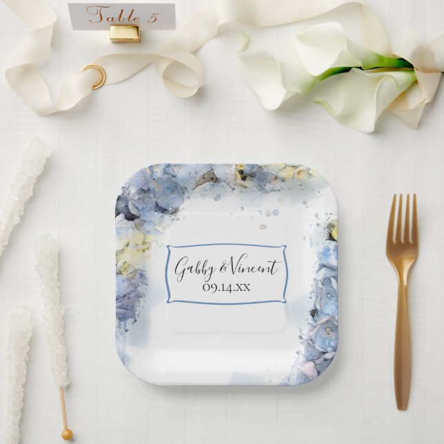 Blue Hydrangea Floral Watercolor Wedding   Paper Plate (Wedding)