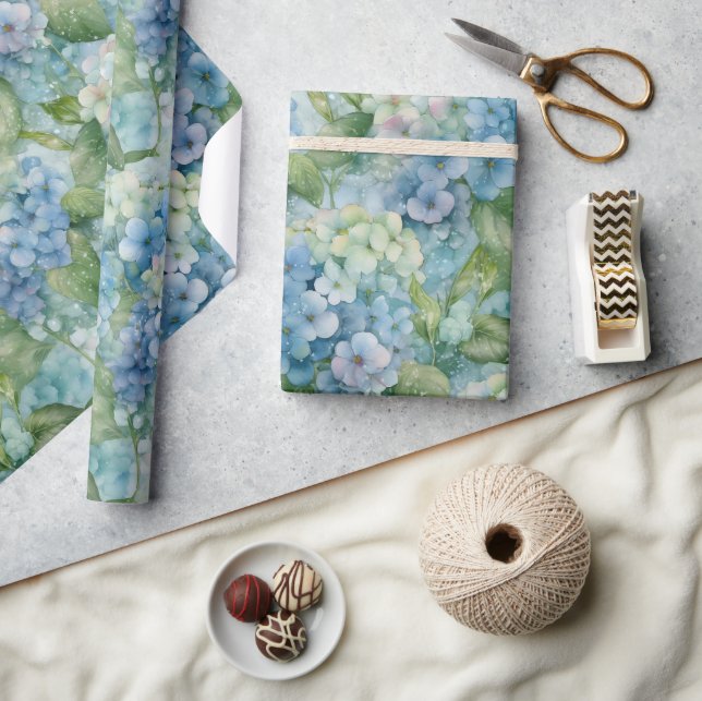 Blue Hydrangea Floral Watercolors Wrapping Paper (Crafts)