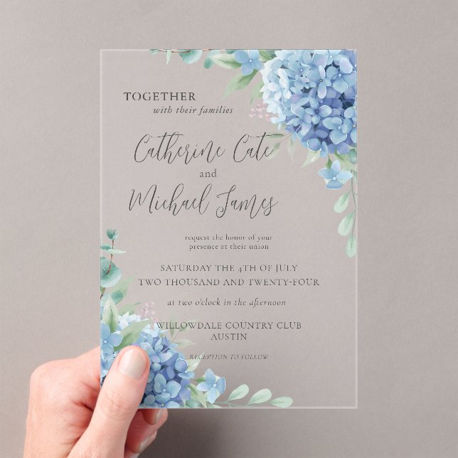 Blue Hydrangea Floral Wedding  Acrylic Invitations (Insitu (Handheld))