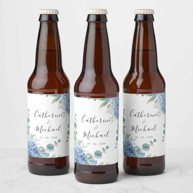 Blue Hydrangea Floral Wedding  Beer Bottle Label (Bottles)