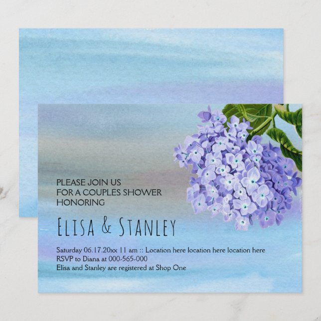 Blue hydrangea floral wedding couples shower invitation (Front/Back)