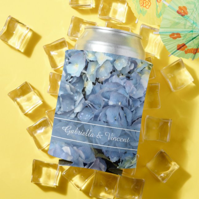 Blue Hydrangea Floral Wedding Favour Can Cooler (In Situ Summer)
