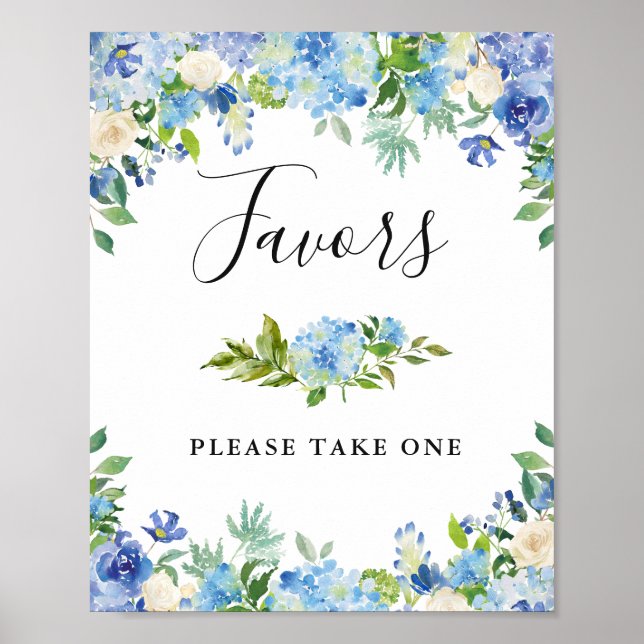 Blue Hydrangea Floral Wedding Favour Sign Poster (Front)
