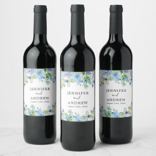 Blue Hydrangea Floral Wedding Favour Wine Label