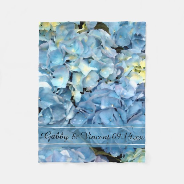 Blue Hydrangea Floral Wedding Fleece Blanket (Front)