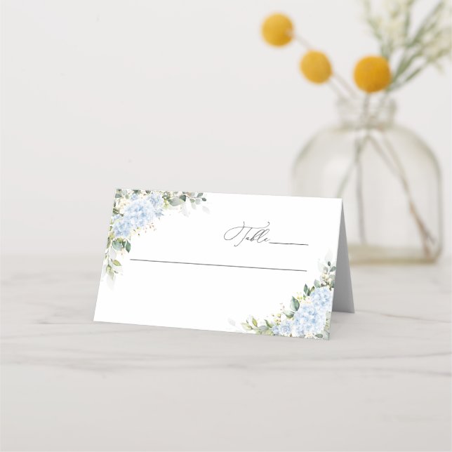 Blue Hydrangea Floral Wedding Folded Place Cards (Front)