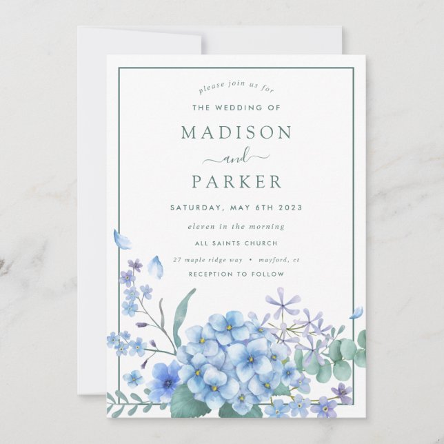 Blue Hydrangea Floral Wedding Invitation (Front)