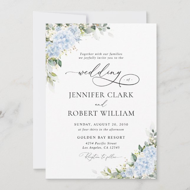 Blue Hydrangea Floral Wedding Invitation (Front)