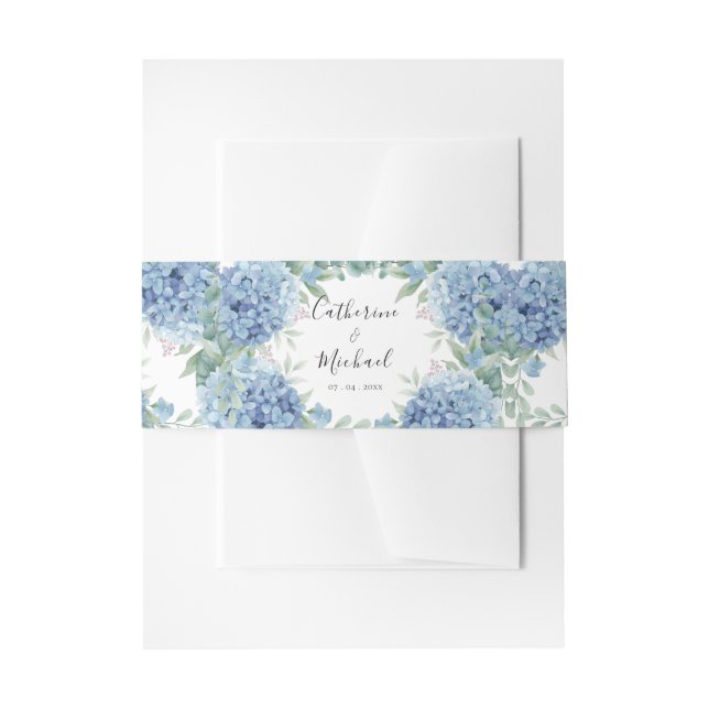 Blue Hydrangea Floral Wedding  Invitation Belly Band (Front Example)
