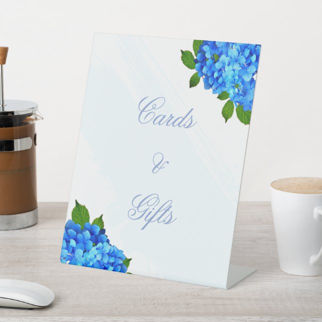 Blue Hydrangea Floral Wedding Pedestal Sign (In SItu)