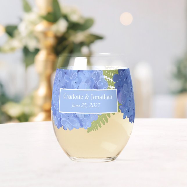 Blue Hydrangea Floral Wedding Personalised Names Stemless Wine Glass (Insitu (Wedding))