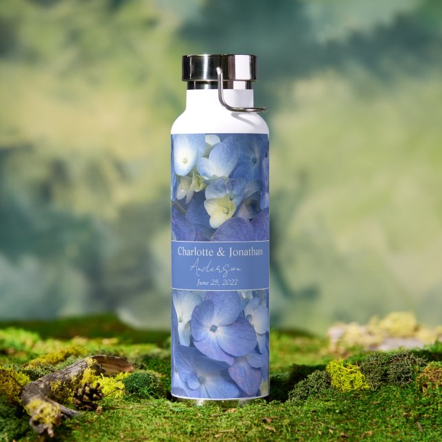 Blue Hydrangea Floral Wedding Personalised Names Water Bottle (Outdoor (Rotated))