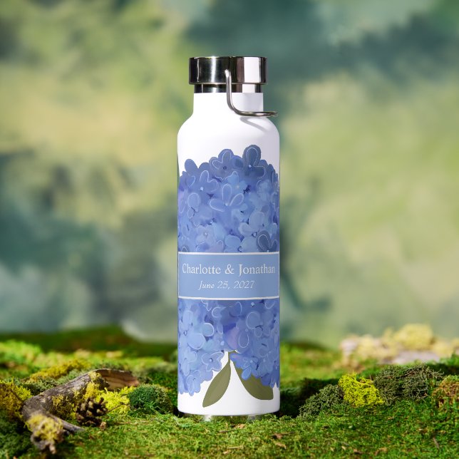 Blue Hydrangea Floral Wedding Personalised Names Water Bottle (Outdoor)