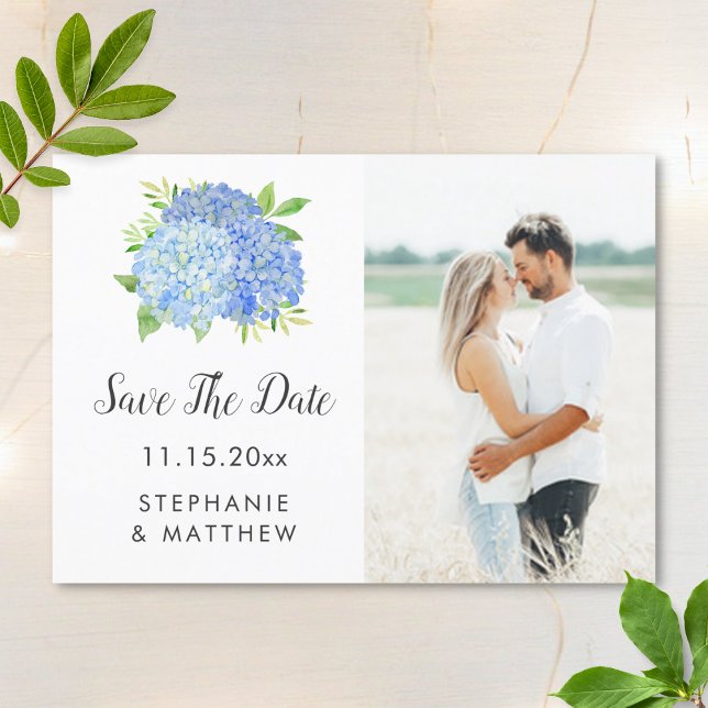 Blue Hydrangea Floral Wedding Photo Save The Date (Creator Uploaded)