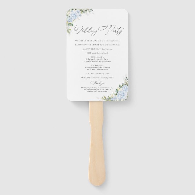 Blue Hydrangea Floral Wedding Program Hand Fan (Back)