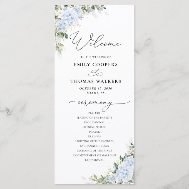 Blue Hydrangea Floral Wedding Program Programme (Front)