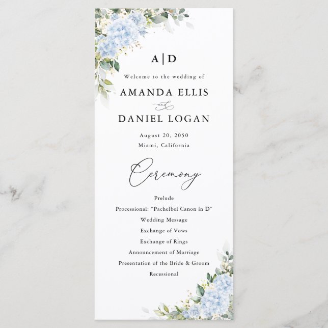 Blue Hydrangea Floral Wedding Program Programme (Front)