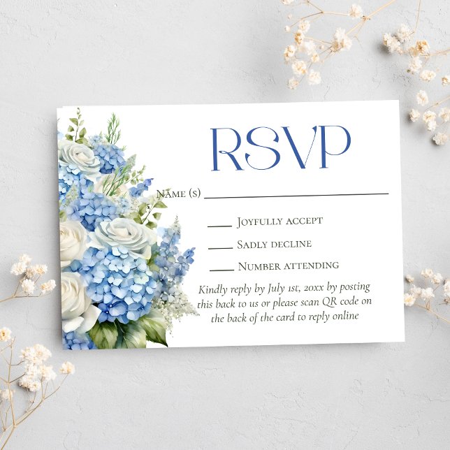 Blue Hydrangea Floral Wedding QR Code Website RSVP Card (Creator Uploaded)