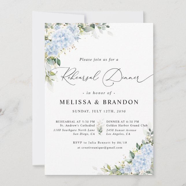 Blue Hydrangea Floral Wedding Rehearsal Dinner Invitation (Front)
