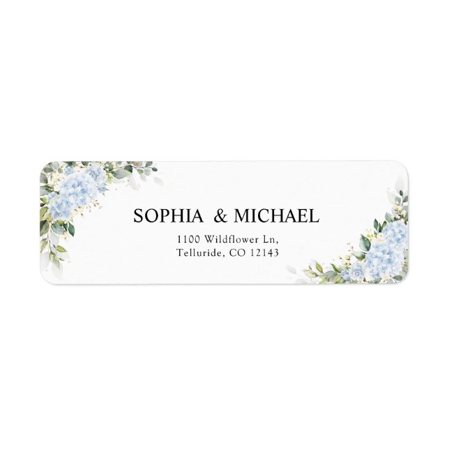 Blue Hydrangea Floral Wedding Return Address Label (Front)