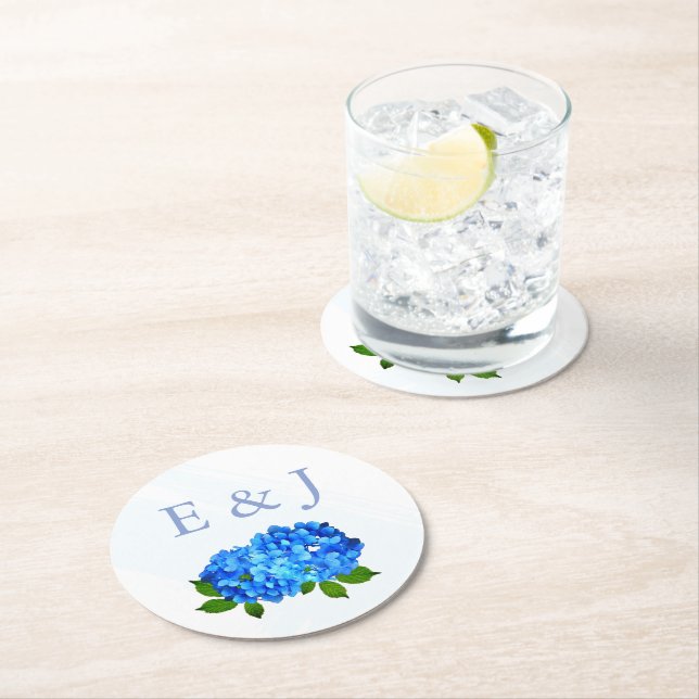 Blue Hydrangea Floral Wedding Round Paper Coaster (Insitu)