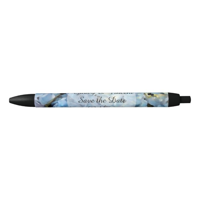 Blue Hydrangea Floral Wedding Save the Date Black Ink Pen (Front)