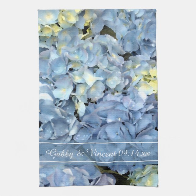 Blue Hydrangea Floral Wedding Save the Date Tea Towel (Vertical)