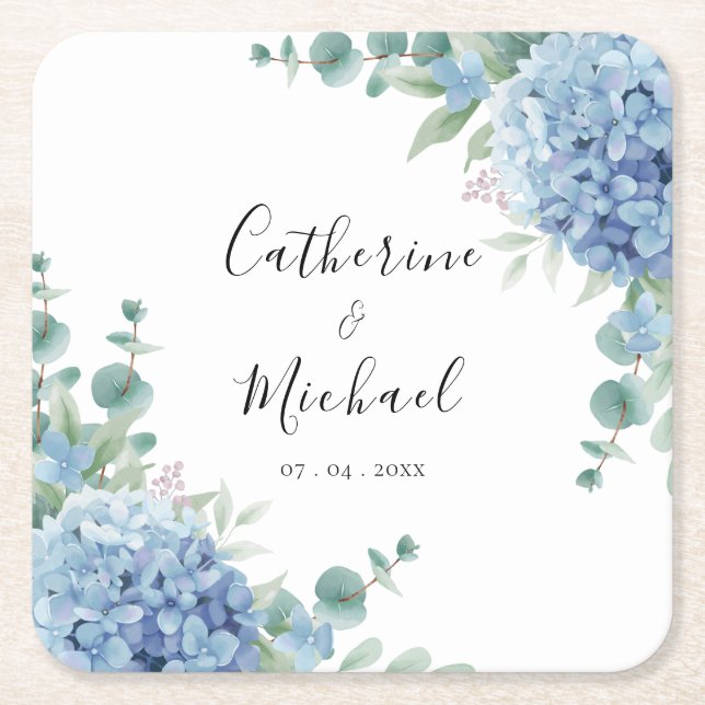 Blue Hydrangea Floral Wedding  Square Paper Coaster (Front)