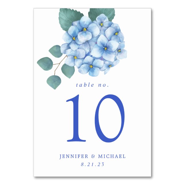 Blue Hydrangea Floral Wedding Table Number (Front)