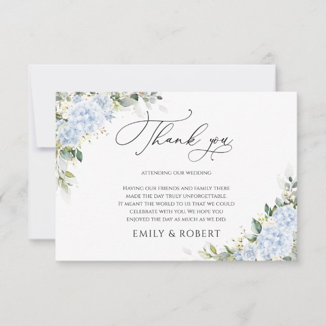 Blue Hydrangea Floral Wedding Thank You Cards (Front)