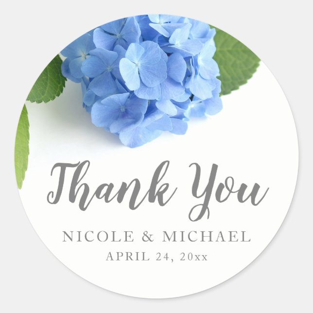 Blue Hydrangea Floral Wedding Thank You Classic Round Sticker (Front)