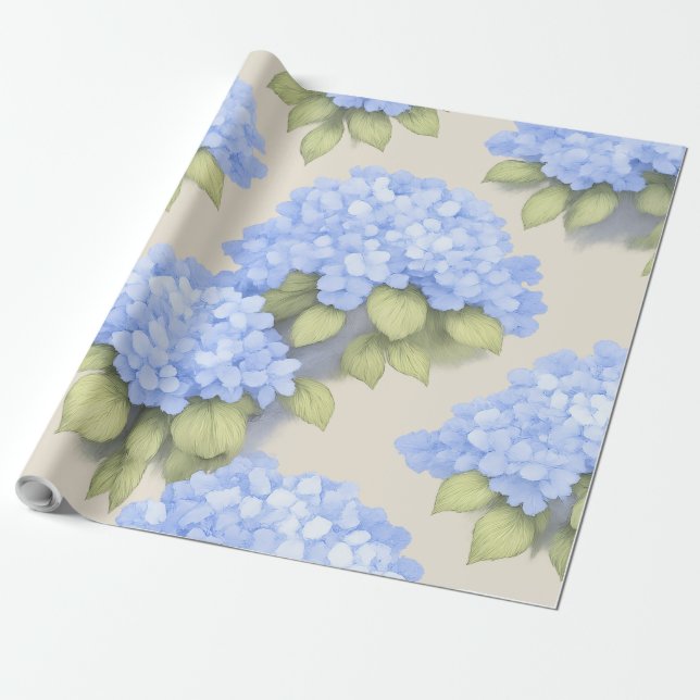 Blue Hydrangea Floral Wrap Roll – Boutique Wrapping Paper (Unrolled)