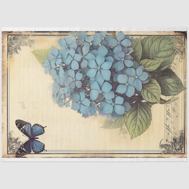 Blue Hydrangea flower and butterfly ephemera art Tissue Paper (Front)