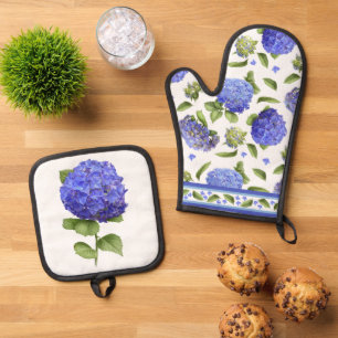 Blue Hydrangea Flower Botanical Art Oven Mitt & Pot Holder Set