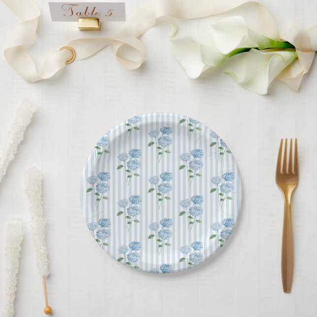 Blue Hydrangea Flower Custom Shower Blue Stripe Paper Plate (Wedding)