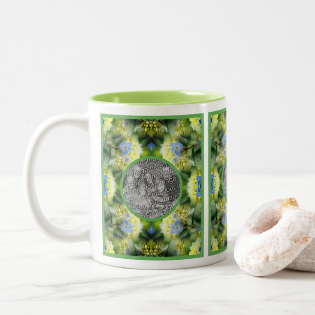 Blue Hydrangea Flower Frame Create Your Own Photo Two-Tone Coffee Mug (With Donut)