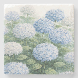 Blue Hydrangea Flower Painting Blue Stripe Stone Coaster