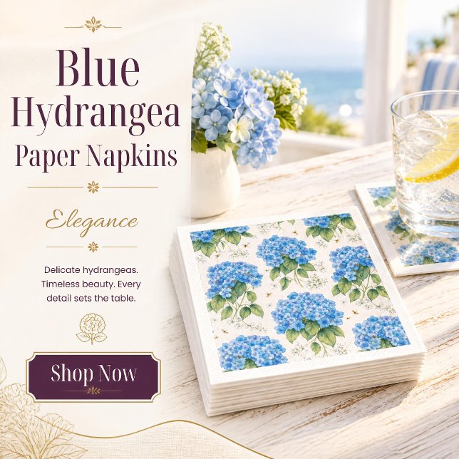 Blue Hydrangea Flower Paper Napkins (Blue hydrangea cocktail napkins add coastal charm to garden parties. Set of 50 for easy entertaining)