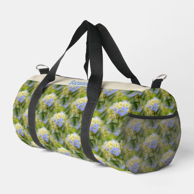 Blue Hydrangea Flower Pattern Personalised      Duffle Bag (Right Corner)
